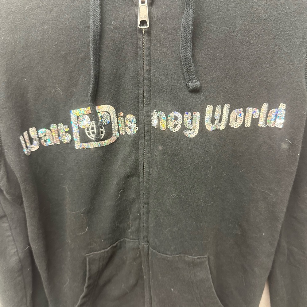 Women's Disney Parks Sequin Logo Full Zip Hooded Sweatshirt Black XS Mickey - Picture 2 of 9